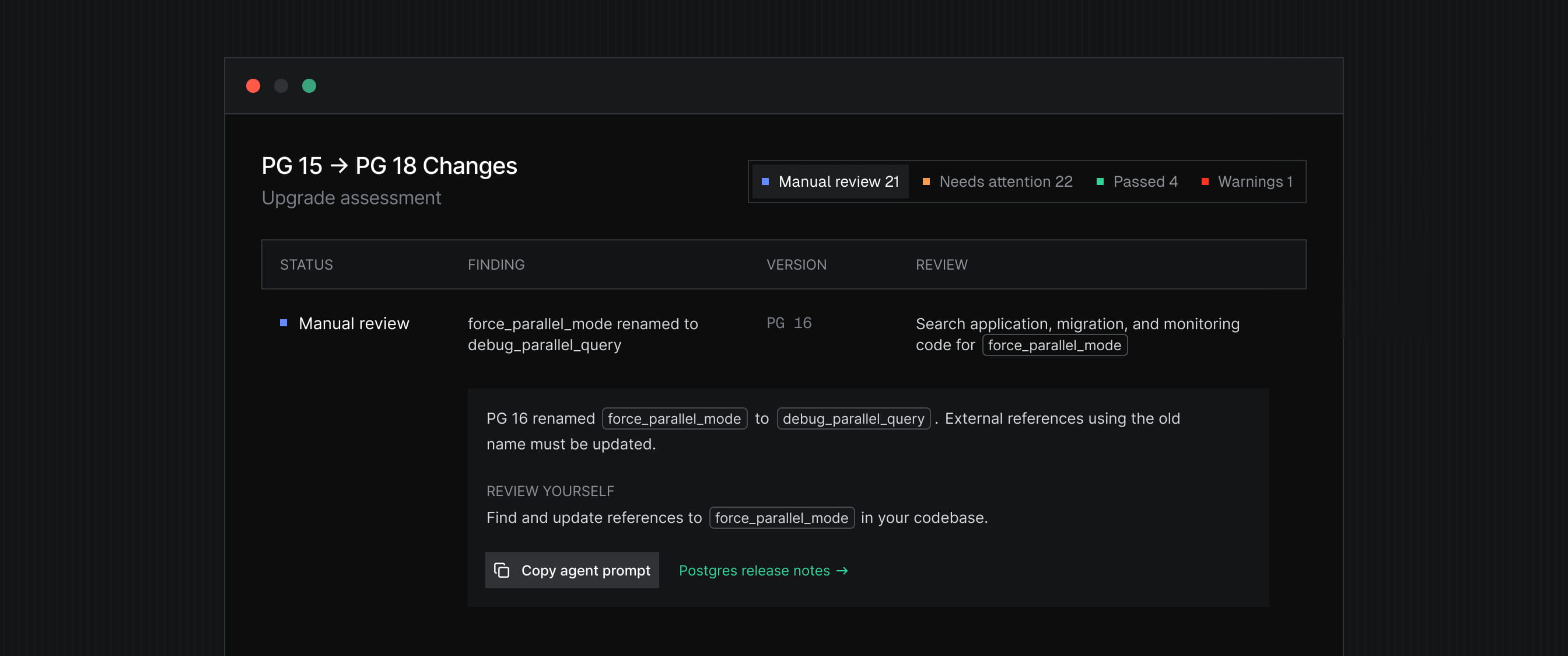Postgres 15 to 18 upgrade assessment showing compatibility findings, review guidance, and a prompt to copy to a coding agent