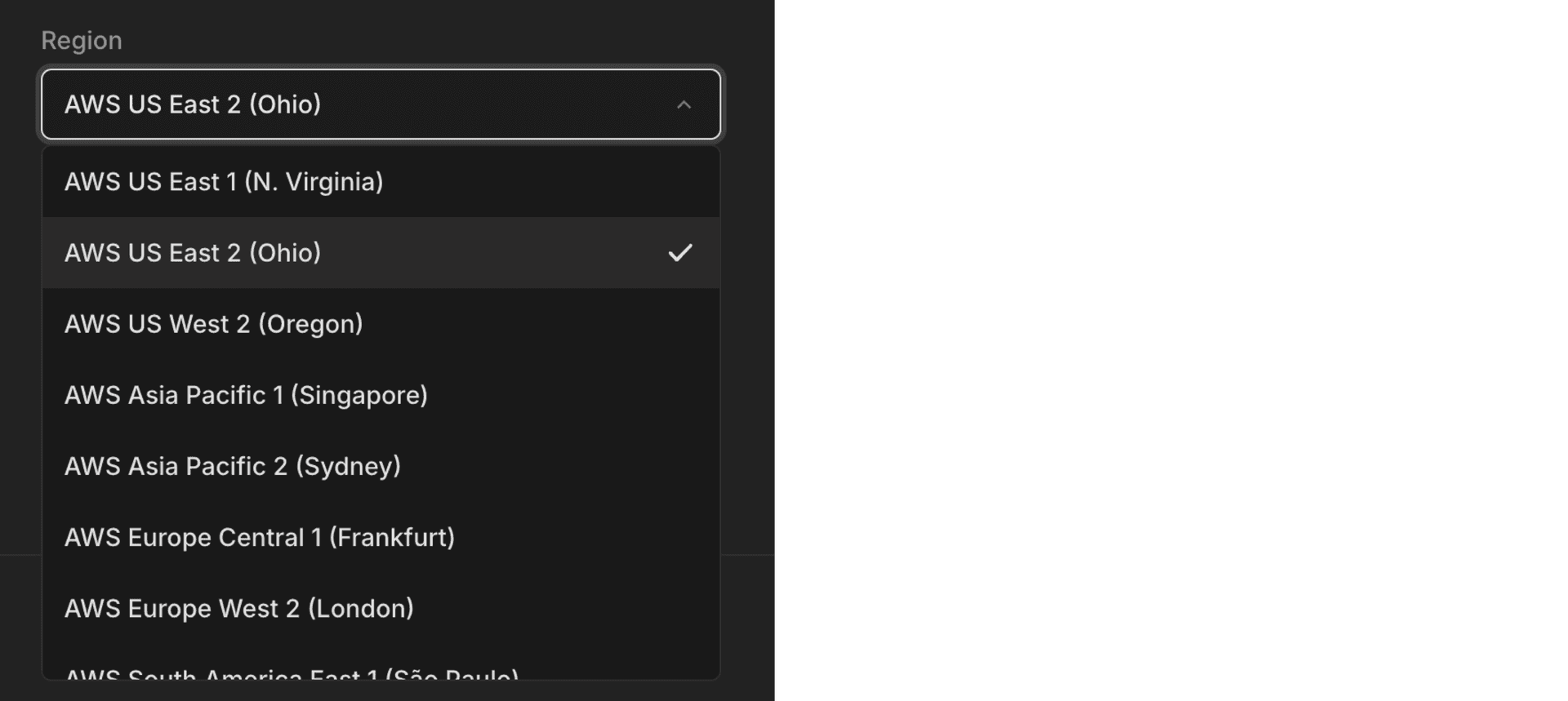 AWS region selector showing numbered regions