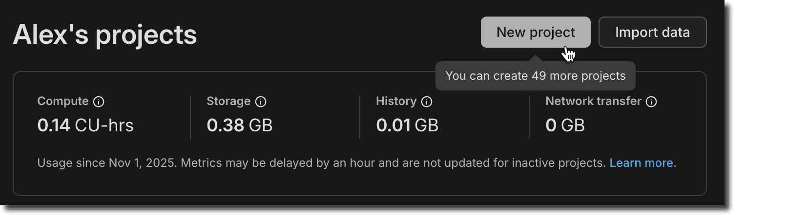 Dashboard page showing 50 Free Plan projects