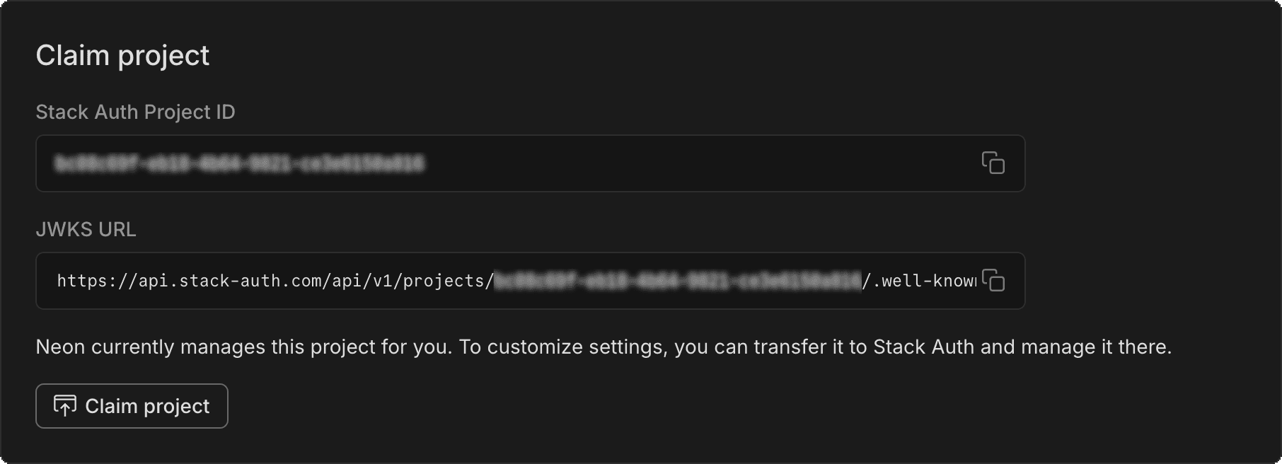 Stack Auth project details in Neon Console