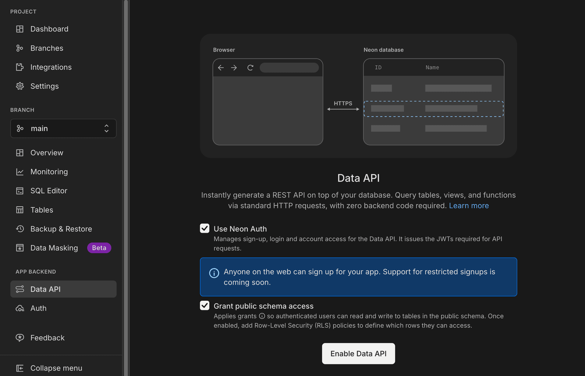 Data API page with enable button