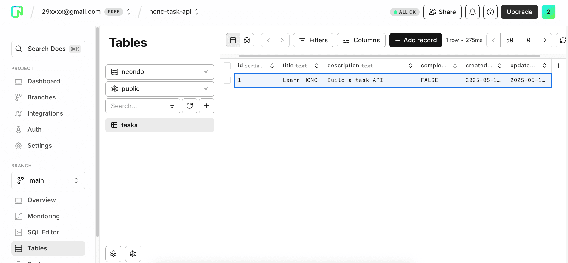 Neon console - Tasks table with new task