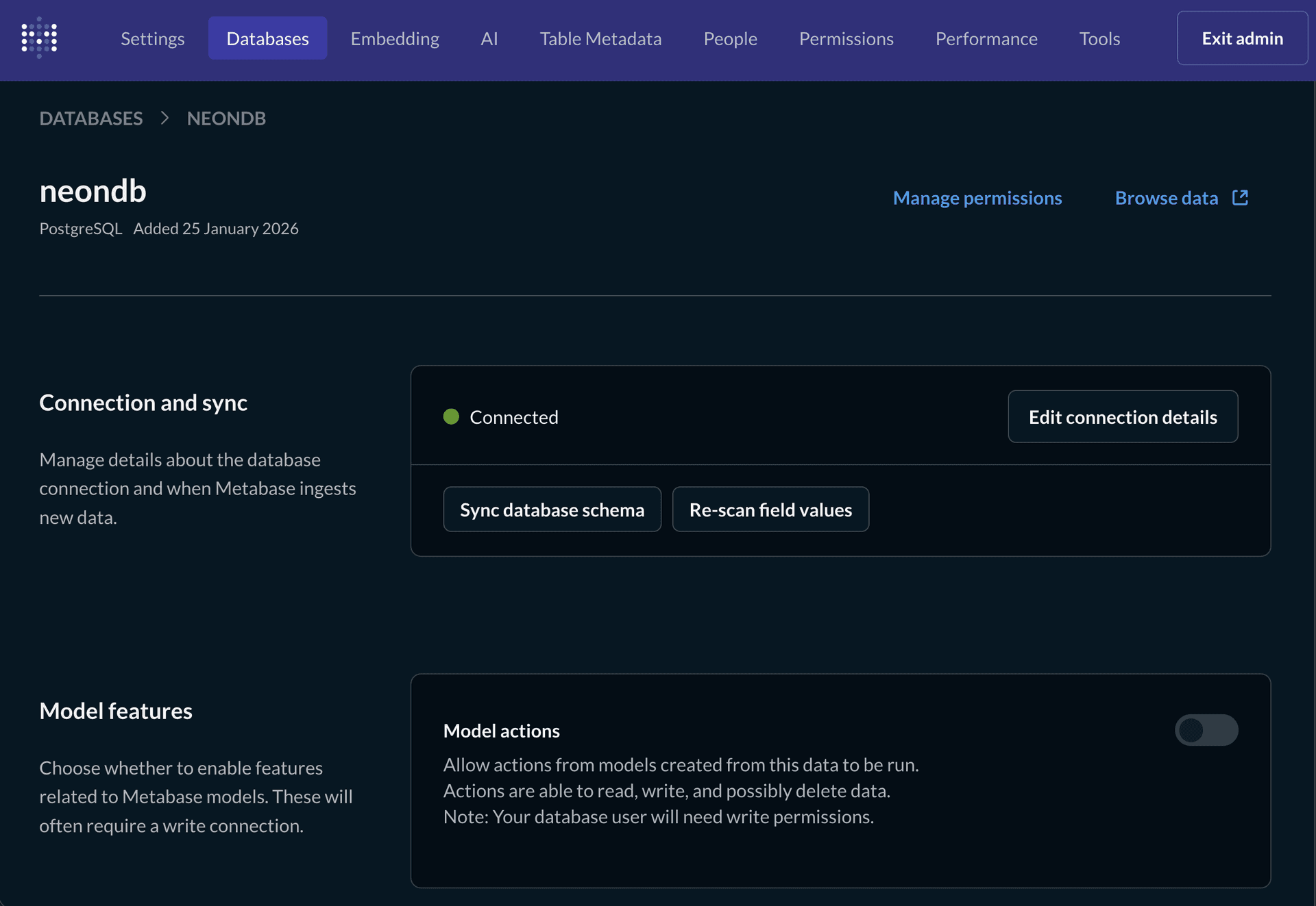 Metabase database sync