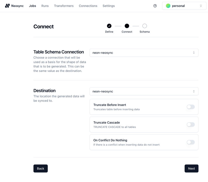 Define Neosync job connection