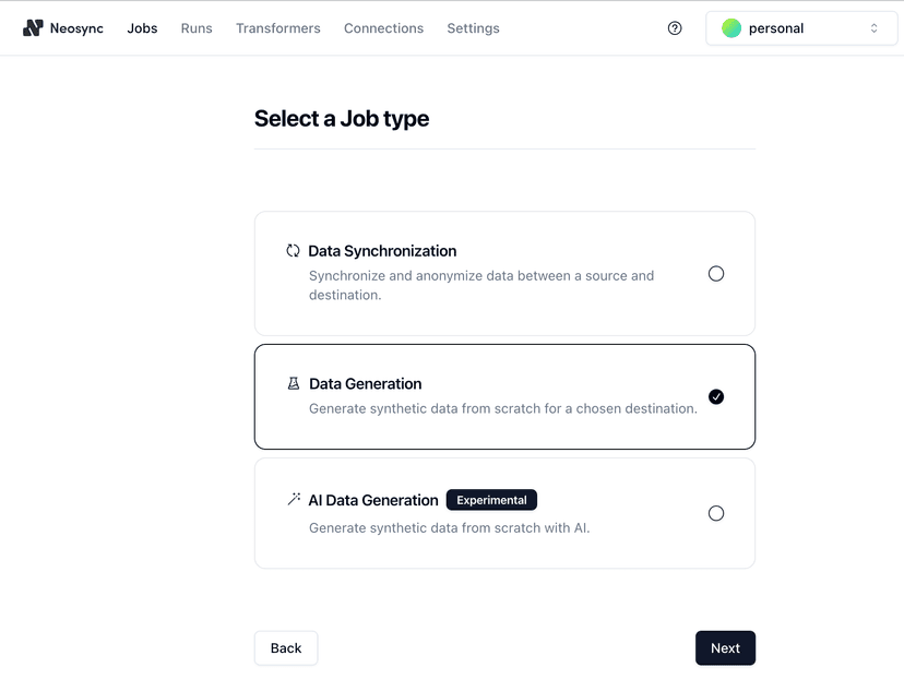 Select the Neosync job type