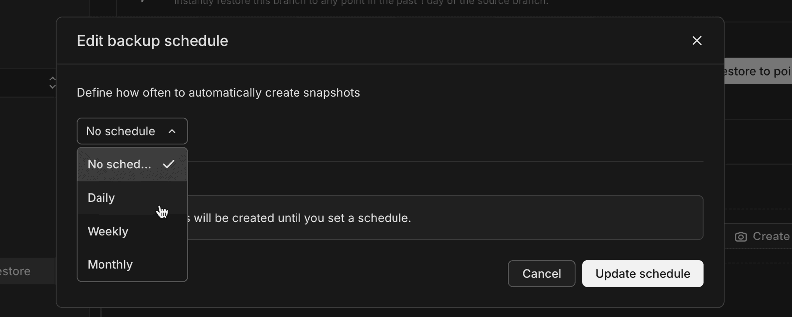 Backup schedule configuration showing daily, weekly, and monthly options