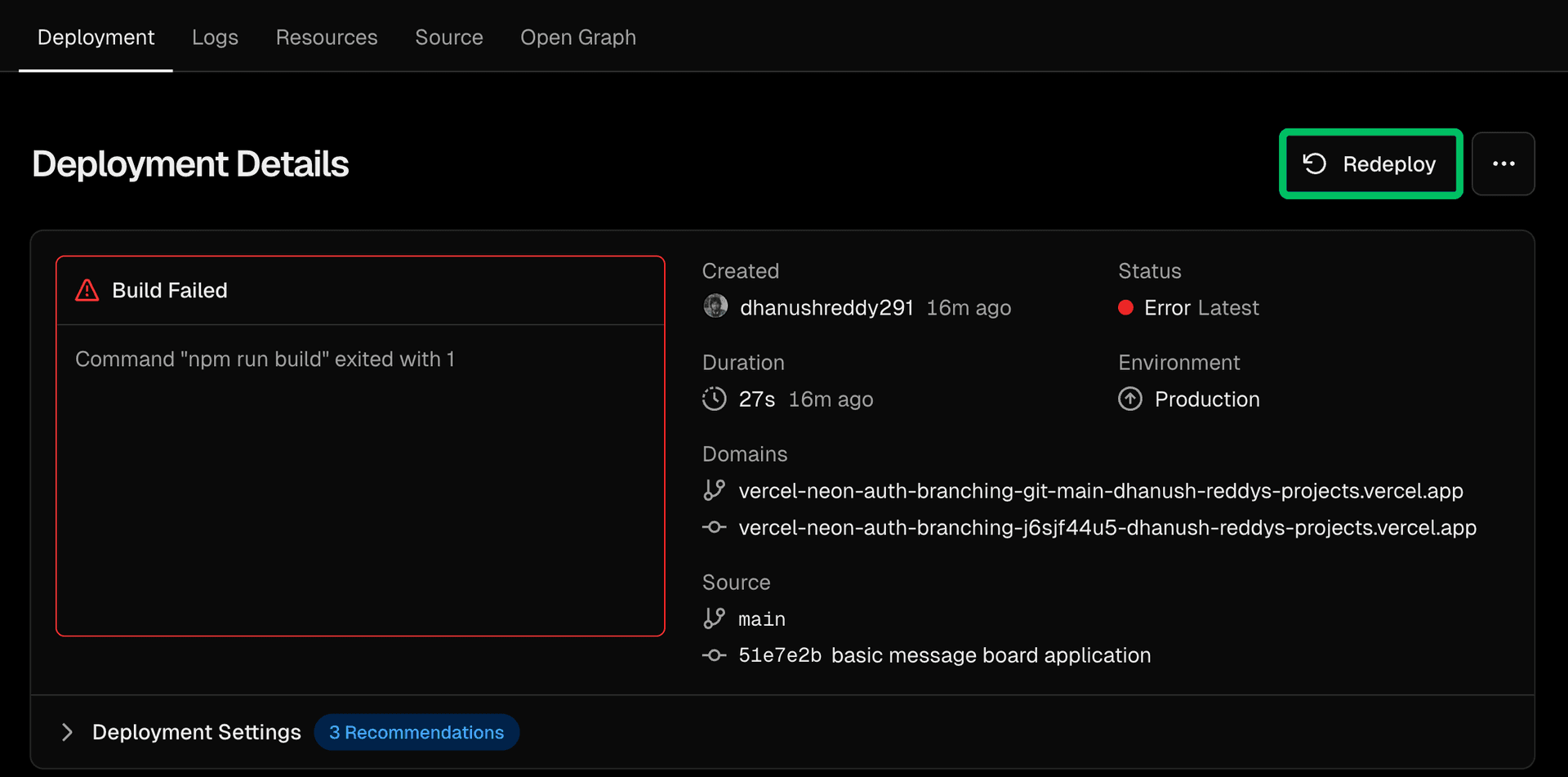Vercel redeploy button