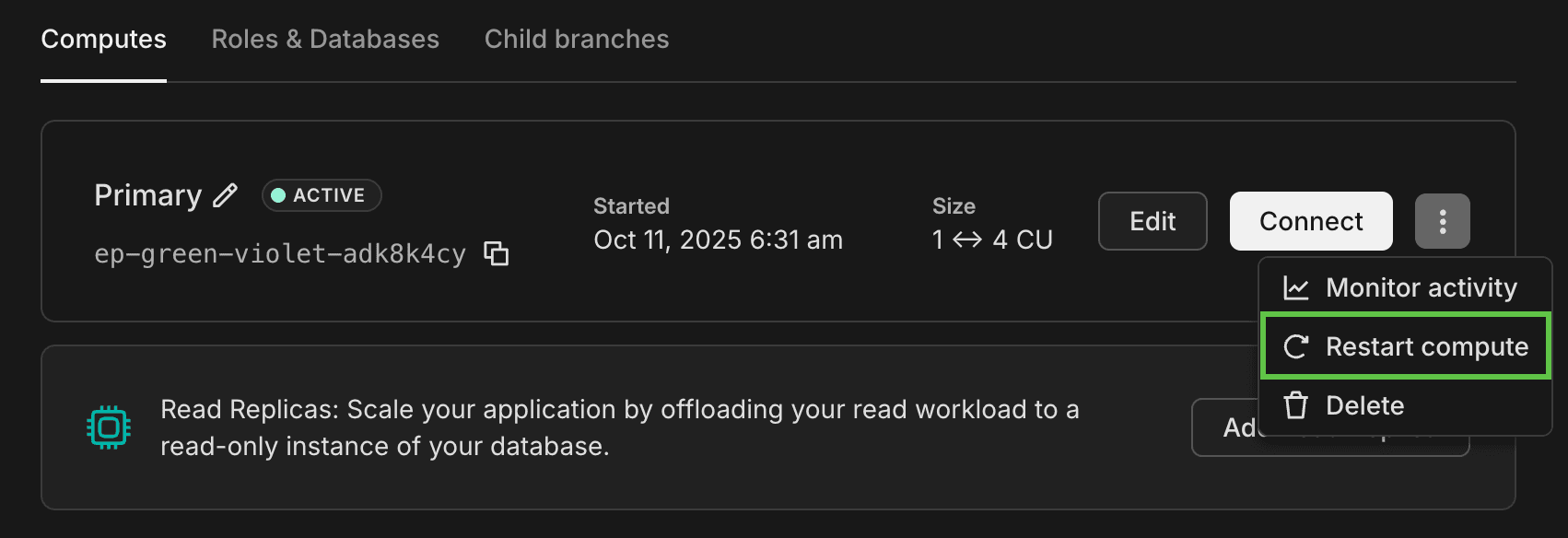 Restart a compute in the console