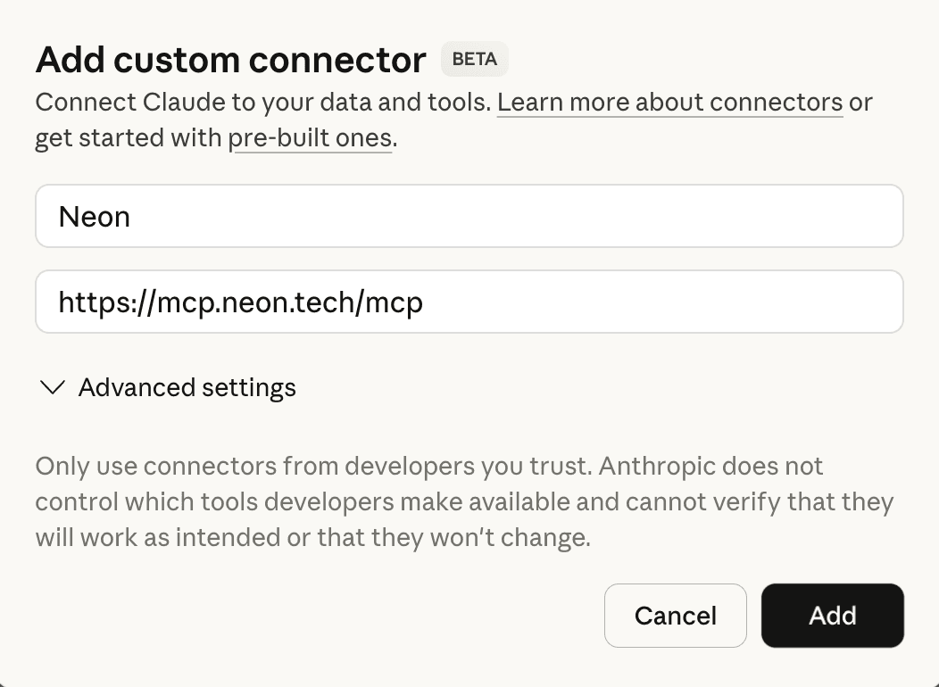 Claude custom connector modal
