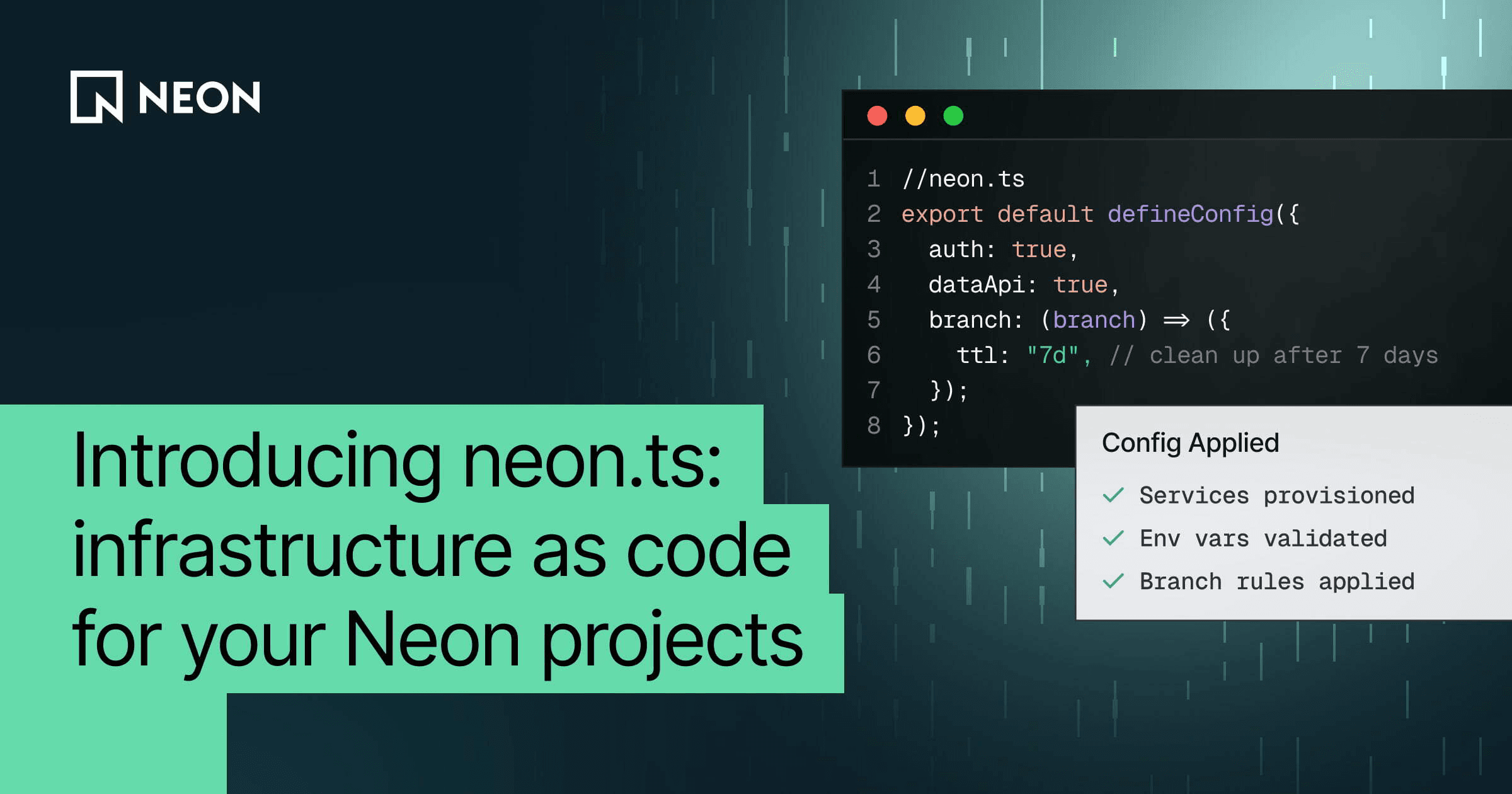 Dark blog cover graphic with the Neon logo and the headline "Introducing neon.ts".