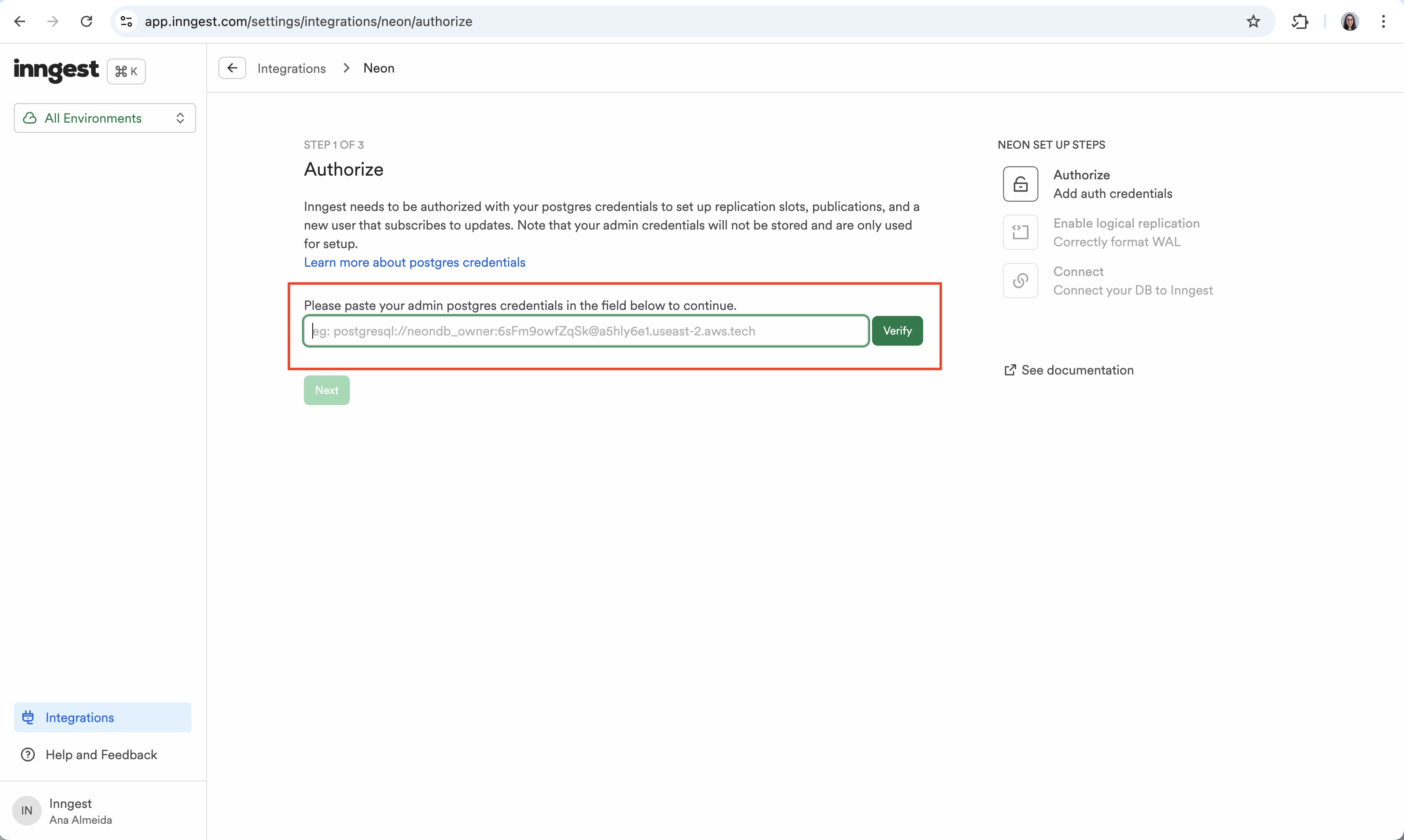 Neon authorization step inside the Inngest integrations page