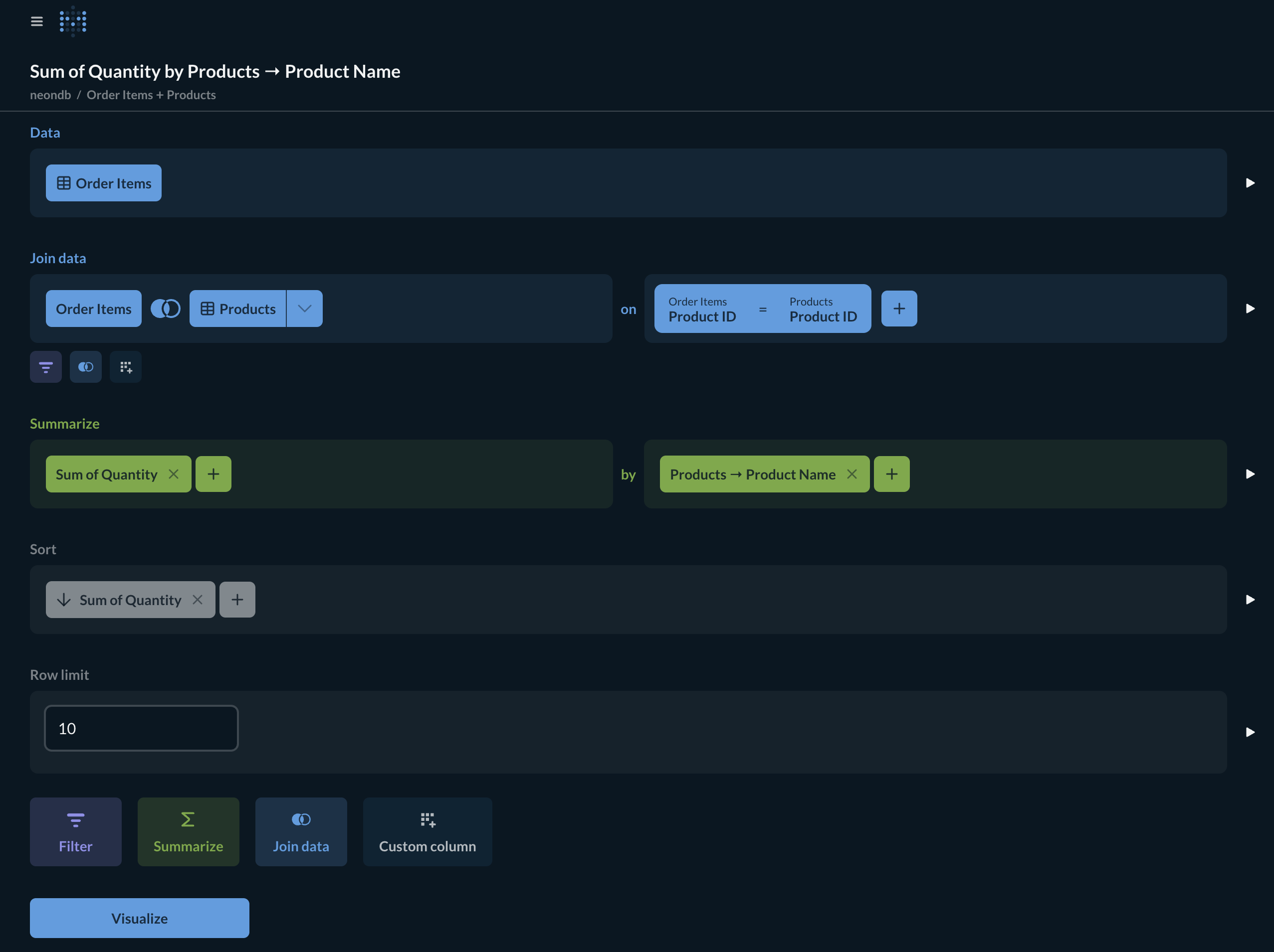 Metabase top selling products question setup