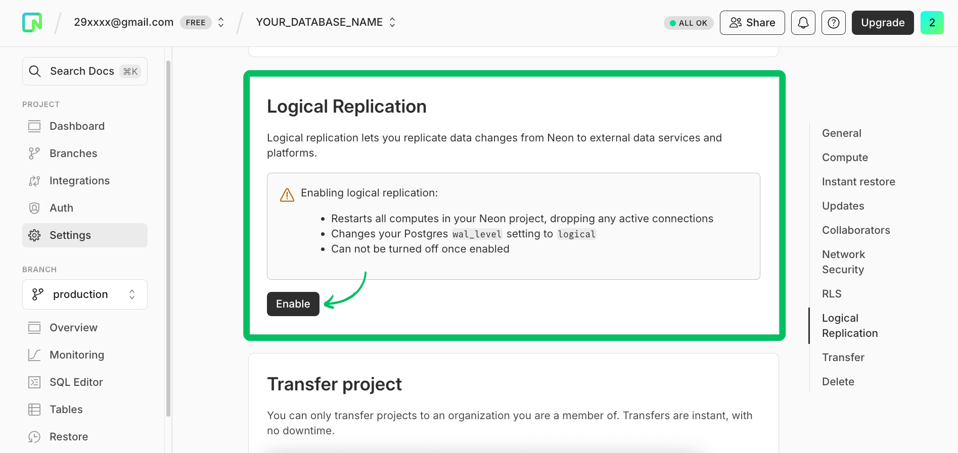 Neon dashboard settings with option to enable logical replication