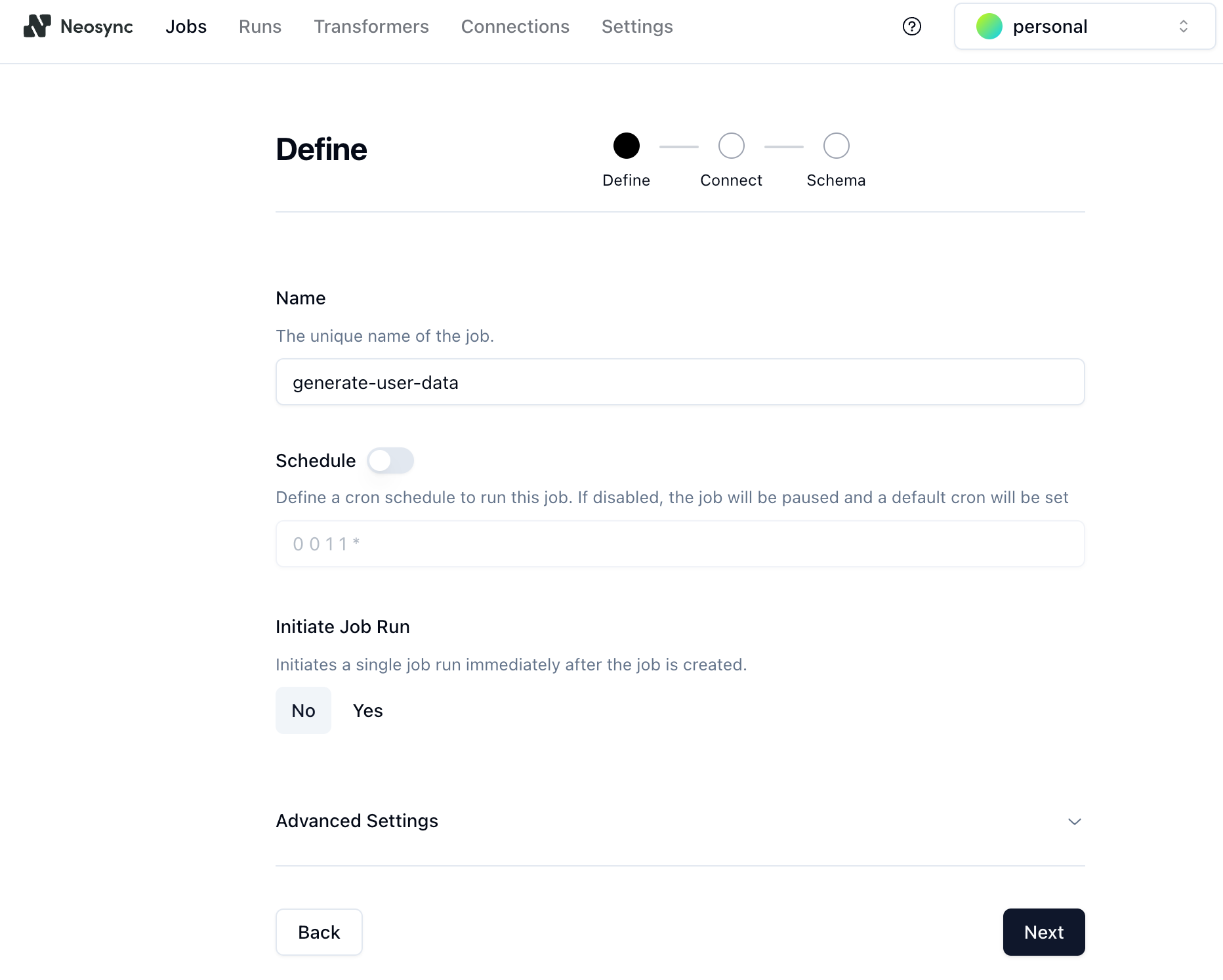 Define Neosync job definition