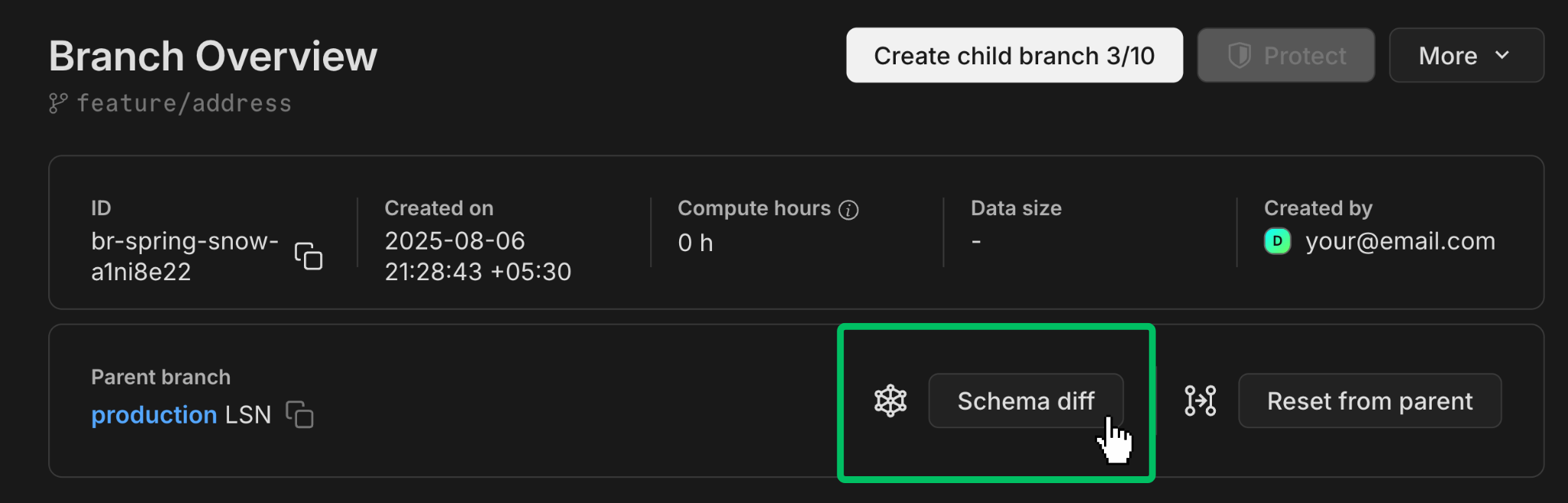 select branches for schema diff