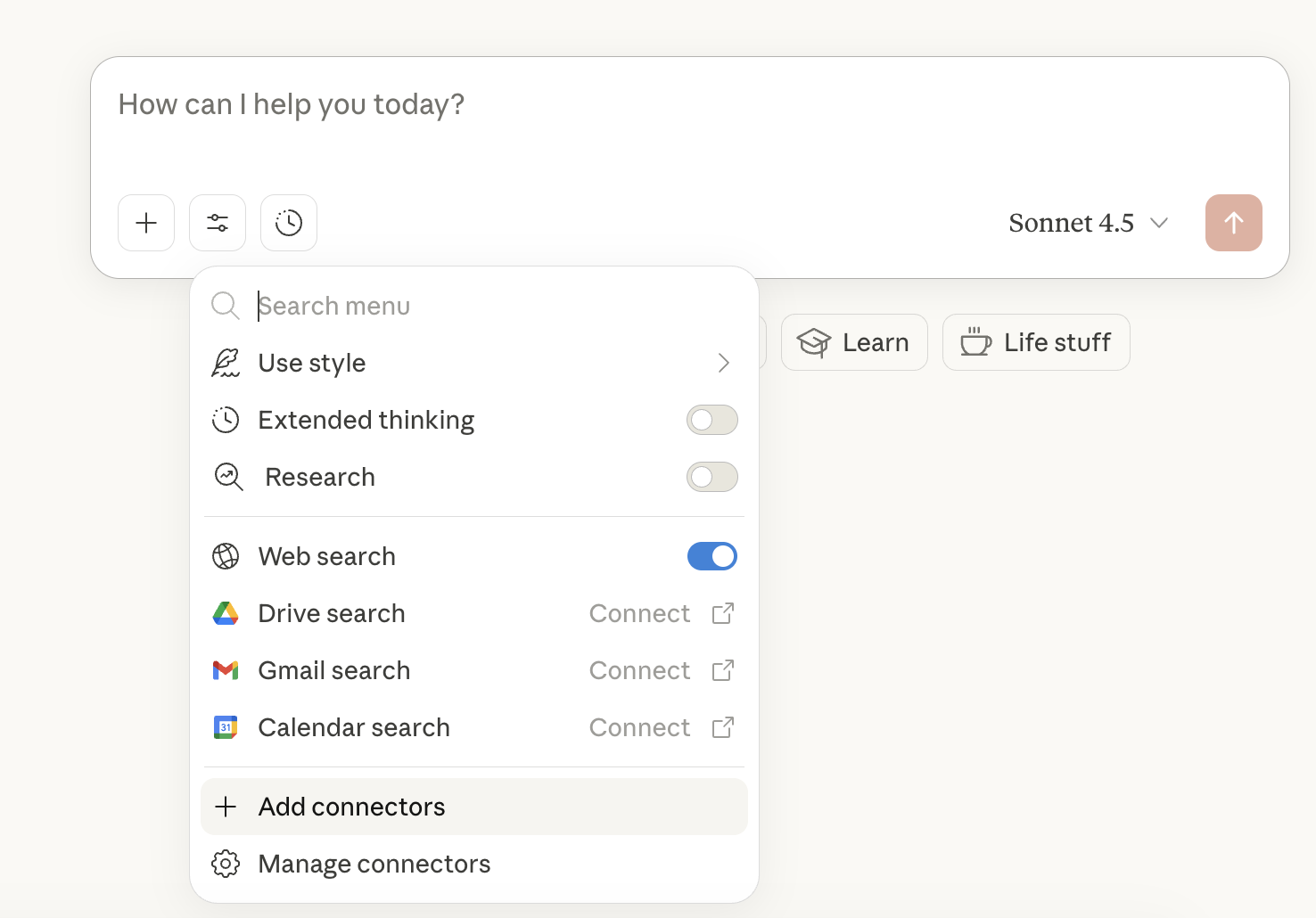 Claude search and tools button